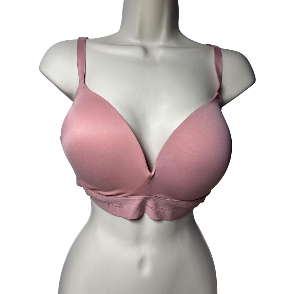 PINK Wear‎ Everywhere Bra Womens 38D Pink Wireless Push Up Padded Plunge Logo